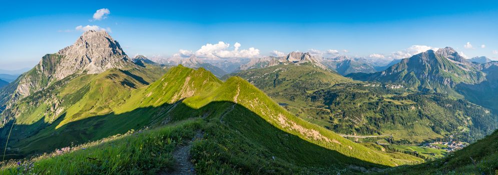 Fantastic sunset tour on the beautiful panoramic mountain Hoferspitze near Schrocken in the Allgau Alps, Kleinwalsertal