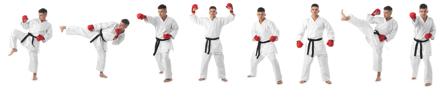 Taekwondo, judo, karate athlete. Set of full length portraits of man in white kimono black belt and red gloves isolated on white background.