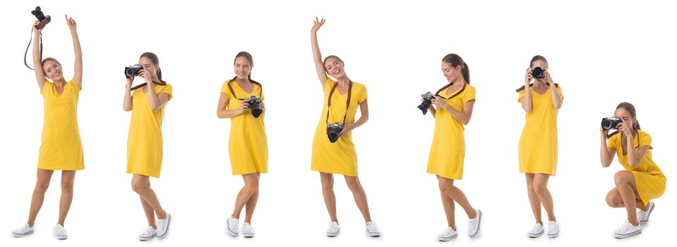 Set of full length portraits of young beautiful photographer girl with the camera isolated on white background