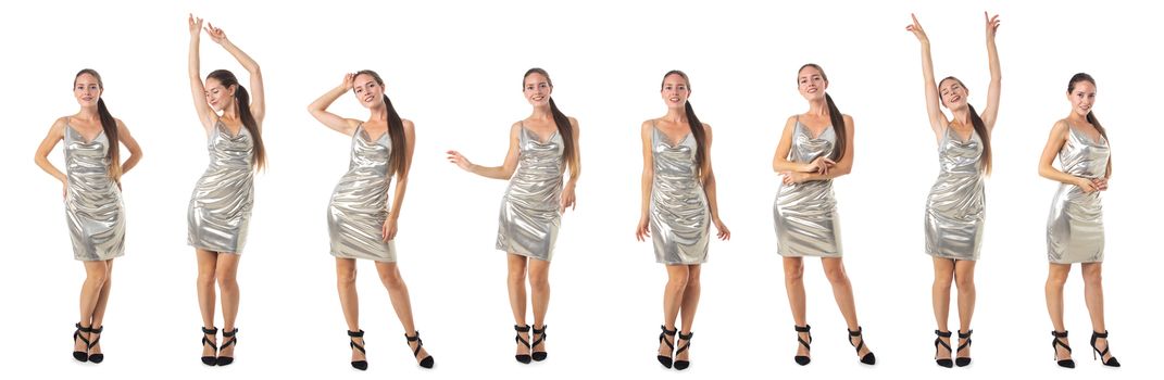 Set of full length portraits of young dancing girl in silver dress isolated over white background