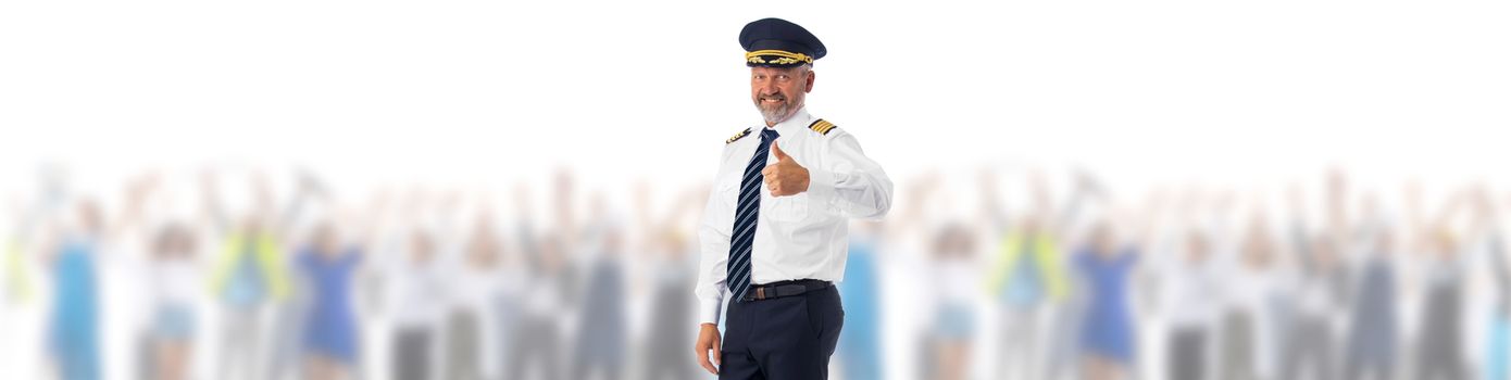 Photo of an airline pilot with thumbs up over many passengers isolated white background