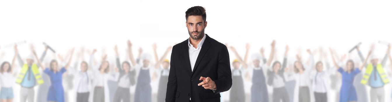 Businessman pointing at you in front of crowd of different industries professions people cooperation job search staff management concept