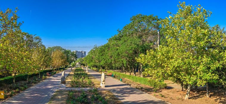 Chernomorsk, Ukraine 08.22.2020. Seaside park and boulevard in Chernomorsk city on a sunny summer morning