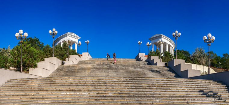 Chernomorsk, Ukraine 08.22.2020. Maritime Stairs from seaside park to the public beach in Chernomorsk city on a sunny summer morning