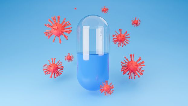 Red Coronavirus or covid-19 surrounds the pill capsule on blue background.,Inhibition of disease outbreaks and Medical technology.,3d model and illustration.