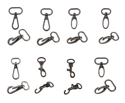 black chrome set of metal carabiner chain, isolated, white background. Key ring with clipping path. front and side view. use for bags and belts