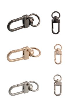 gold, silver and black chrome set of metal carabiner chain, isolated, white background. Key ring with clipping path. front and side view. use for bags and belts