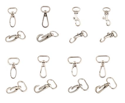 silver chrome set of metal carabiner chain, isolated, white background. Key ring with clipping path. front and side view. use for bags and belts