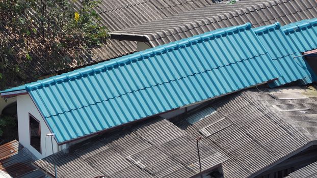 Roof tiles and made from ceramic and metal material and top view angle.