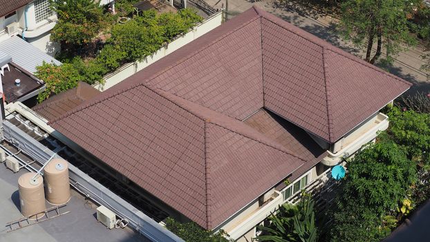 Roof tiles and made from ceramic and metal material and top view angle.