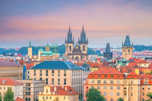 Old Town square with Tyn Church in Prague, Czech Republic at sunset