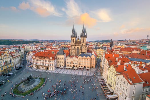 Old Town square with Tyn Church in Prague, Czech Republic at sunset