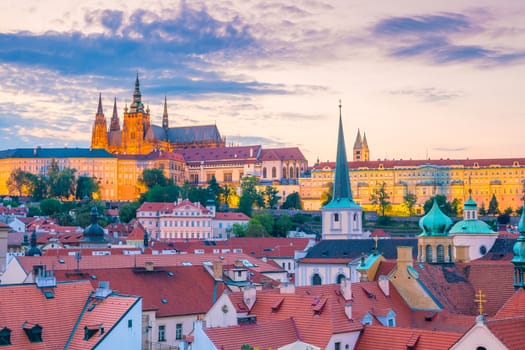 Famous iconic image of Prague city skyline with Prague Castle in Czech Republic