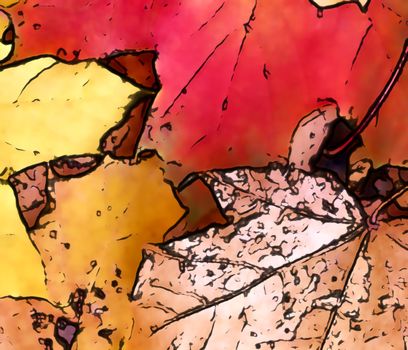 Comic style painting of colorful autumn leaves for backgrounds or textures