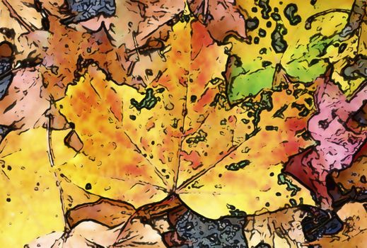 Comic style painting of colorful autumn leaves for backgrounds or textures