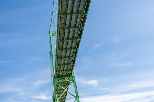 Fragments of the metal structures of the transport bridge and its support structures, photographed from below and from the sides