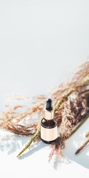 Concept of apothecary cosmetic. Herbs and brown glass bottle of essential oil in still life composition on light blue and white background. Sunlight and shadow. Natural cosmetic remedy with white tag.