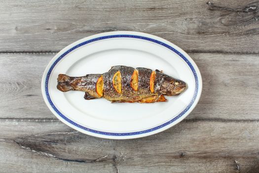 Grilled trout on white oval plate with blue, on gray wood table.