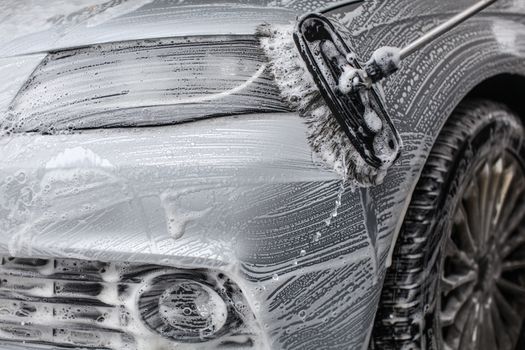 Detail on car front covered in soap foam,  washed with brush in carwash.