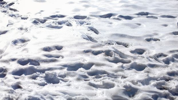 Footprints in glossy snow melting on sunlight.