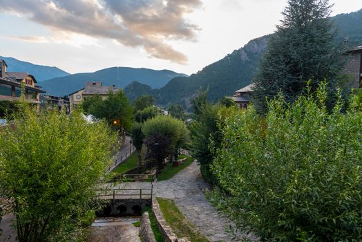 Ordino, Andorra: 26 August 2020: Cityscape in Ordino in the Valira del Orient river in Cami Ral in summer in Andorra.