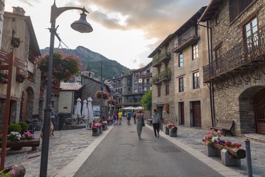 Ordino, Andorra: 26 August 2020: Cityscape in Ordino in the Valira del Orient river in Cami Ral in summer in Andorra.