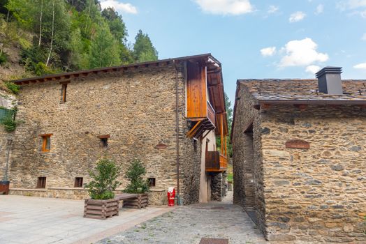 La Cortinada, Andorra: 26 August 2020: Cityscape in La Cortinada in the Valira del Orient river in Cami Ral in summer in Andorra.