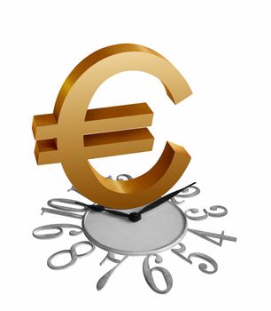 Golden Euro sign or symbol on a clock isolated in white background