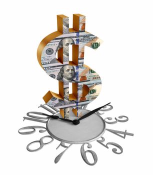 U.S. dollar bills on a dollar sign/symbol and a clock isolated on white background