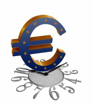 European Union flag on golden Euro sign or symbol on a clock isolated in white background