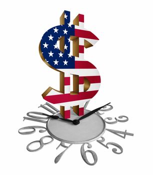 US Dollar Sign with the US flag on a clock isolated in white background