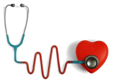 Heart and a stethoscope with heartbeat (pulse) symbol isolated in white background