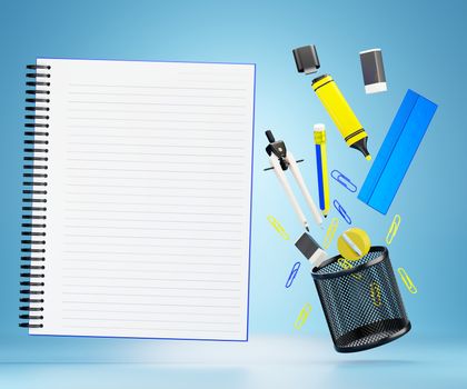 The stationary or office equipment and blank notebook floating on a blue background. Closeup and copy space for text. 3D illustration render. Concept of back to school or working in the office.