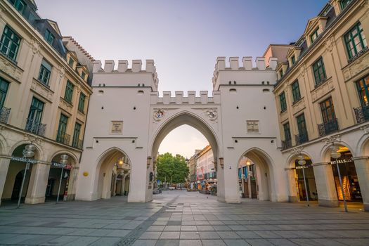 Munich, Germany - August 12, 2018: Munich Karls Gate on Stachus square is one of three remaining gates in Munich city walls.