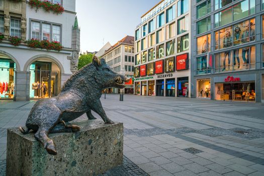 MUNICH, GERMANY - AUGUST 12, 2018: Monument of wild boar outside Hunting and Fishing Museum in Munich, Germany