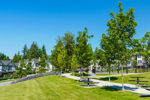 Recreation and walking area on the block of new townhouses