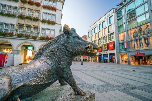 MUNICH, GERMANY - AUGUST 12, 2018: Monument of wild boar outside Hunting and Fishing Museum in Munich, Germany