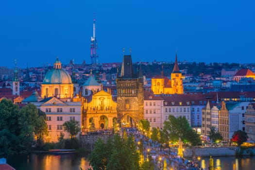 Famous iconic image of Charles bridge and Prague city skyline in Czech Republic