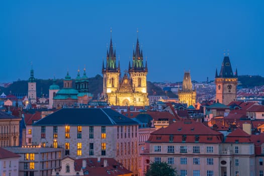 Old Town square with Tyn Church in Prague, Czech Republic at sunset