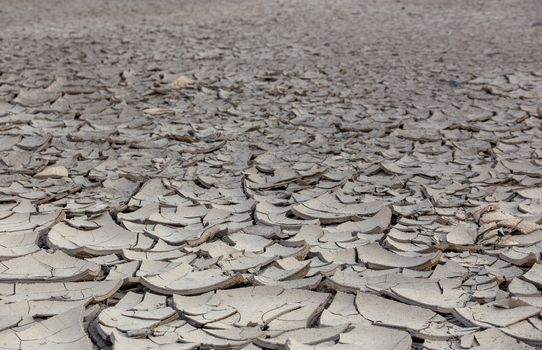 dry cracked mud desert like gray background, scorched earth with selective focus and blur