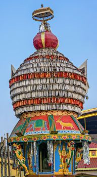Hand crafted, painted, decorated chariot top for evening procession at Shri krishna Math(temple) in Udupi, Karnataka, india.