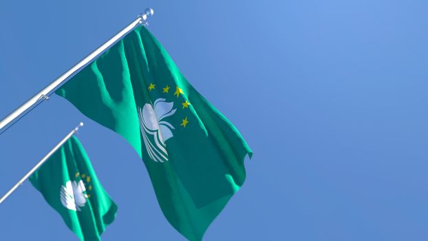 3D rendering of the national flag of Macau waving in the wind against a blue sky