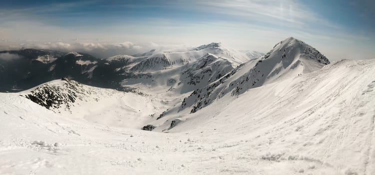 Mount Chopok and Low Tatras panorama on sunny day. Jasna Ski resort, Slovakia