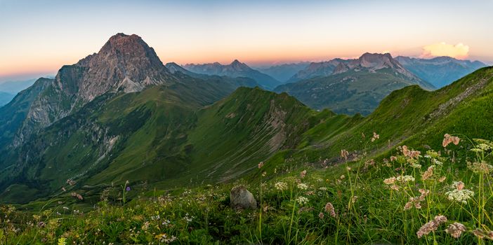 Fantastic sunset tour on the beautiful panoramic mountain Hoferspitze near Schrocken in the Allgau Alps, Kleinwalsertal