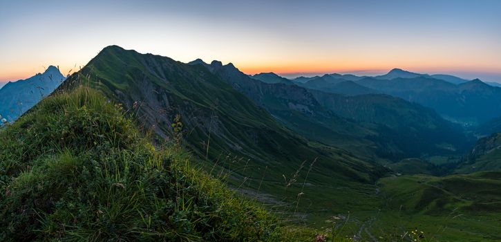 Fantastic sunset tour on the beautiful panoramic mountain Hoferspitze near Schrocken in the Allgau Alps, Kleinwalsertal