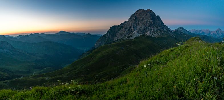 Fantastic sunset tour on the beautiful panoramic mountain Hoferspitze near Schrocken in the Allgau Alps, Kleinwalsertal