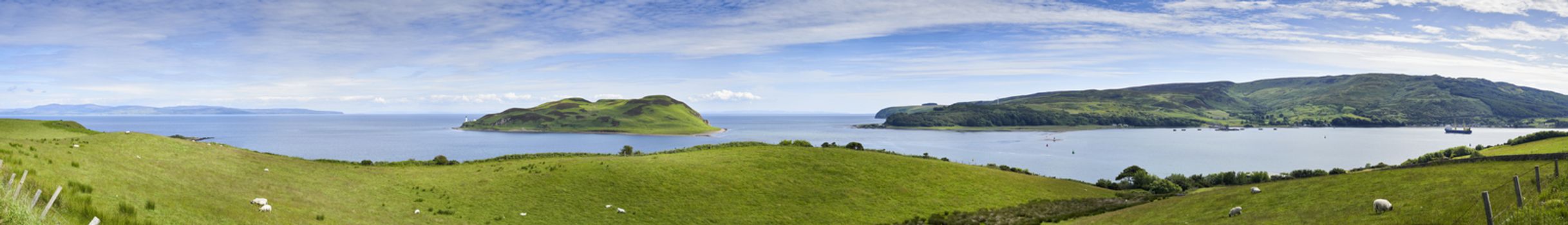 Panoramic view of Davaar Island and Campbeltown on the West coast of Scotland