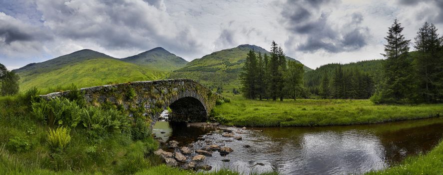 Panoramic view of Butter Bridge over Kinglas Water in the Loch Lomond National Park,Scotland