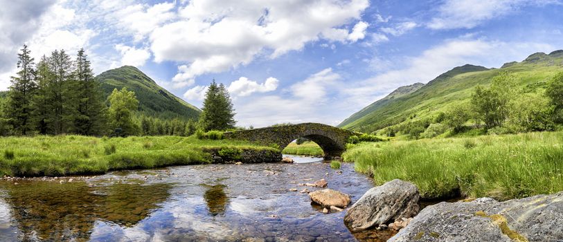 Panoramic view of Butter Bridge over Kinglas Water in the Loch Lomond National Park,Scotland