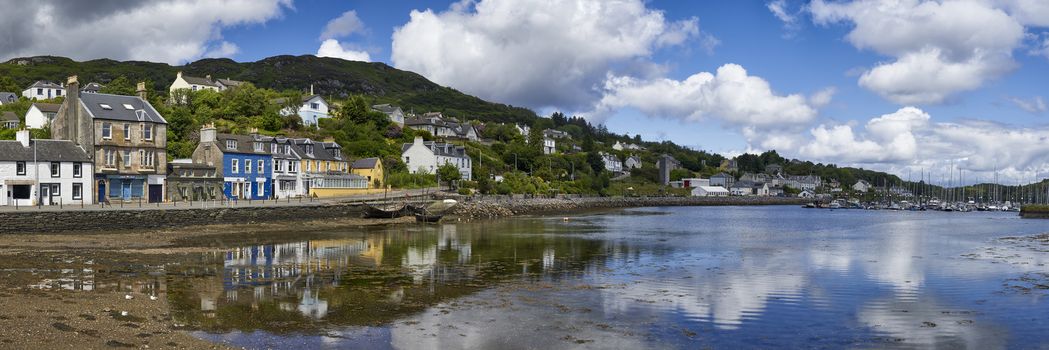 Panoramic view of Tarbert harbour on the West coast of Scotland